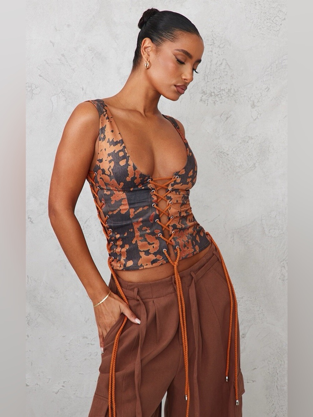 Pretty Little Thing Brown Printed Woven Lace Up Tank NWT Size 12